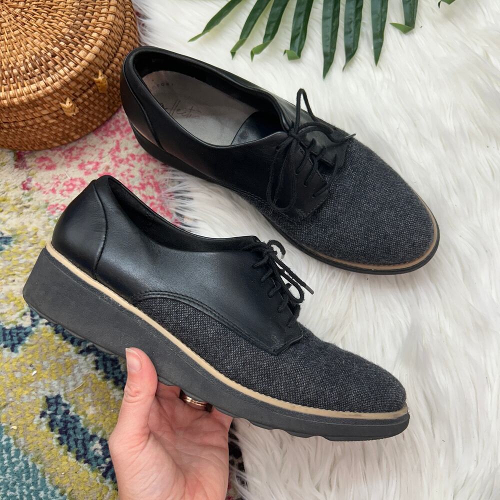 Clarks Black Gray Leather Tweed Preppy Sharon Rae Lace Up Wedge Shoes Oxford 9.5